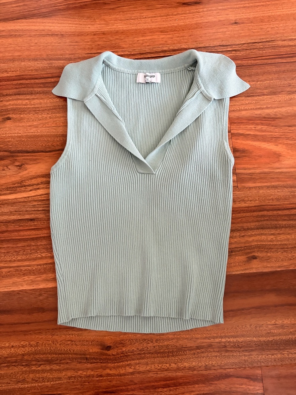 The Workshop Sage Green Ribbed Sleeveless Collared Top Medium Cropped